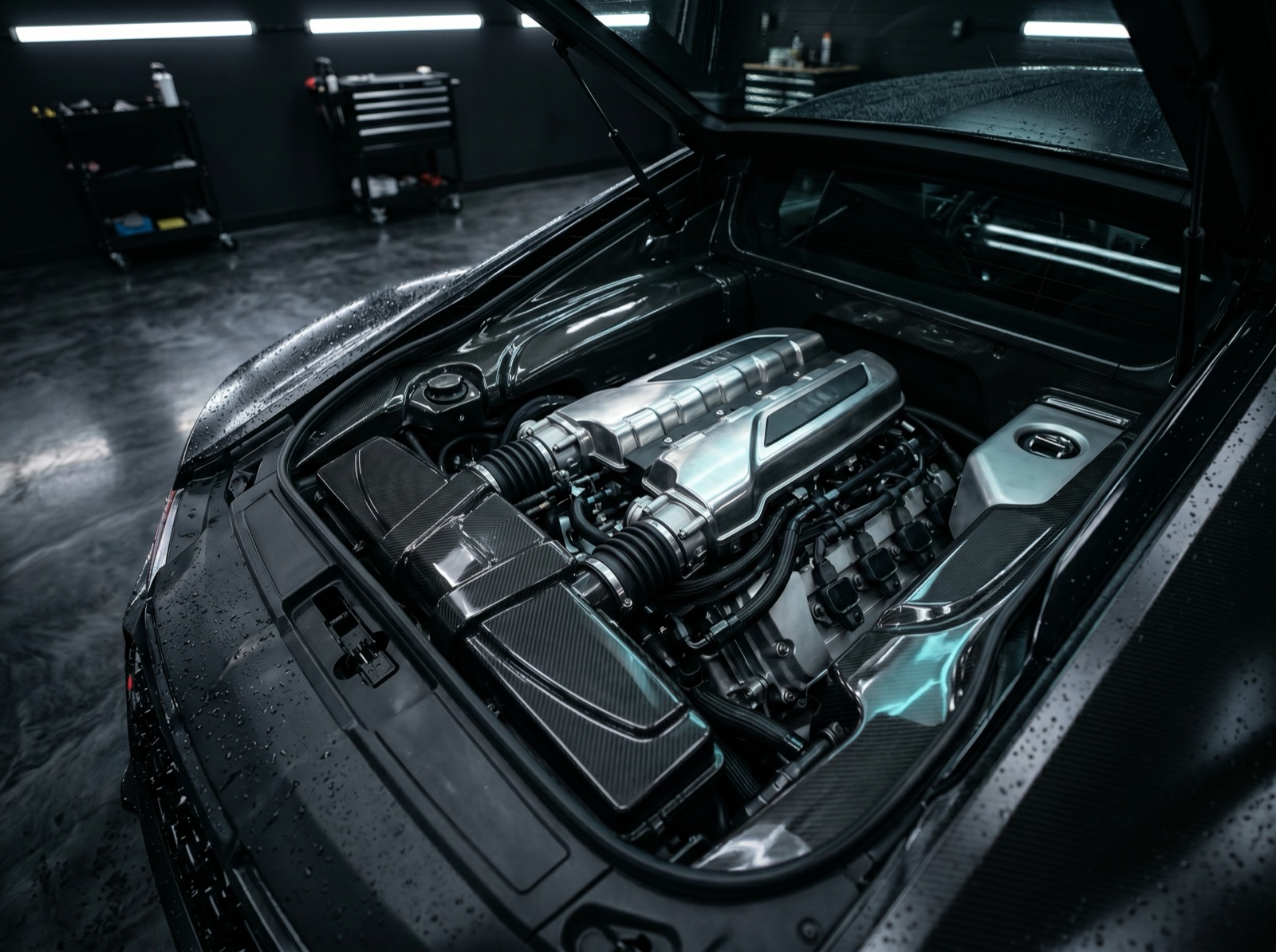 Spotless detailed engine bay with dressed hoses and polished metal
